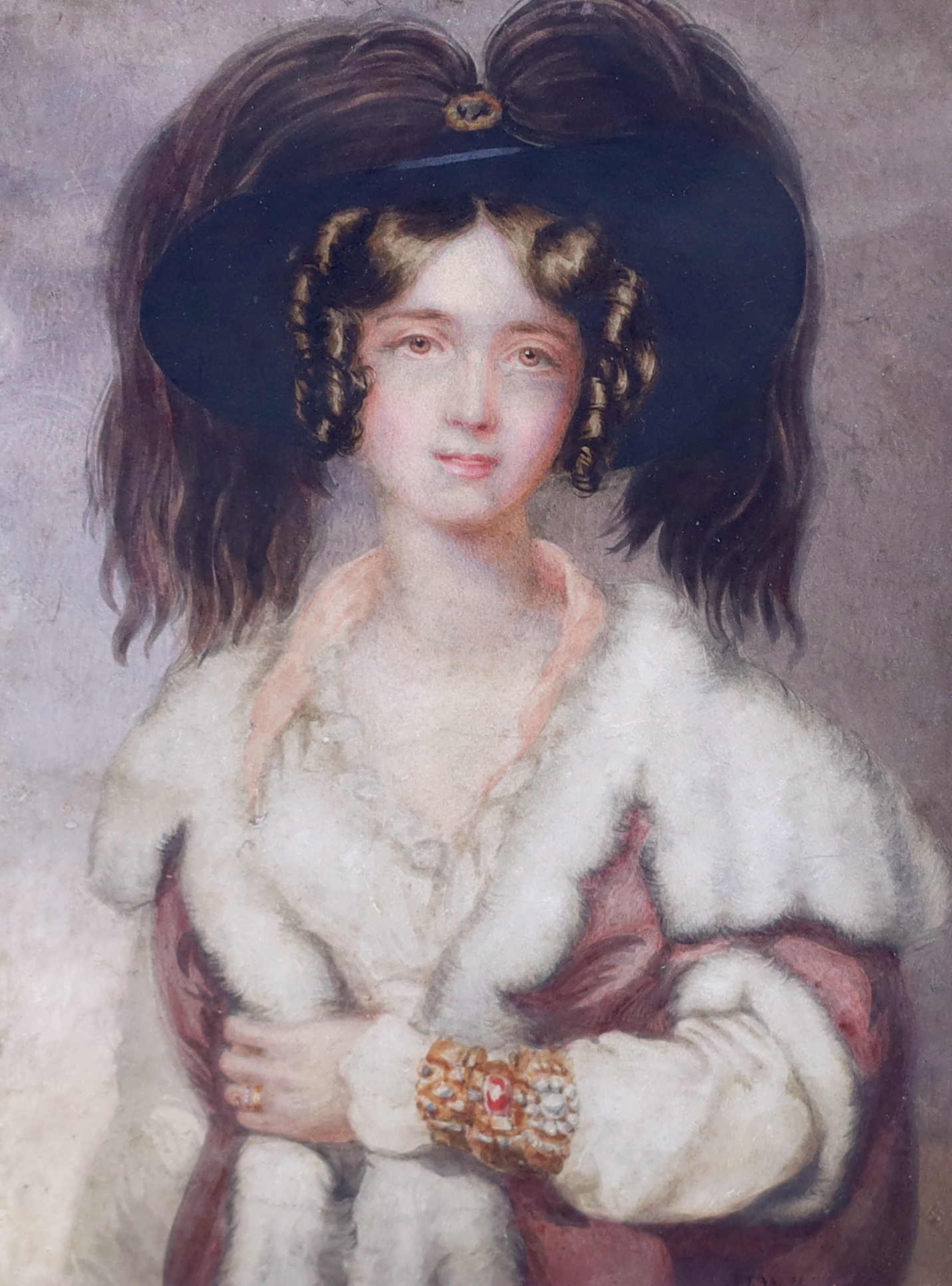 James F. Wilkins (English, 1808-1888), watercolour, Portrait of a lady wearing an elaborate hairpiece and fur trimmed clothes, signed, 19.5 x 14.5cm